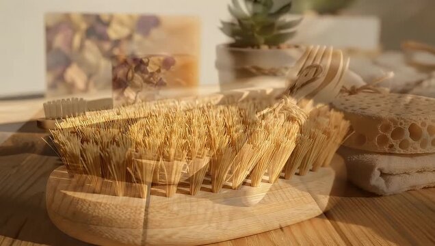 Eco-friendly personal care tools on wood surface.