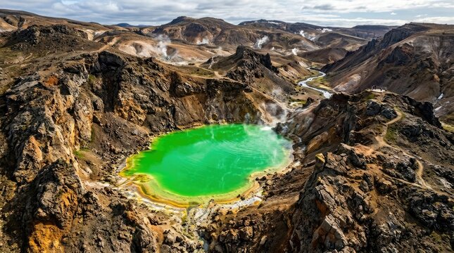 Vibrant green geothermal crater lake aerial view.
