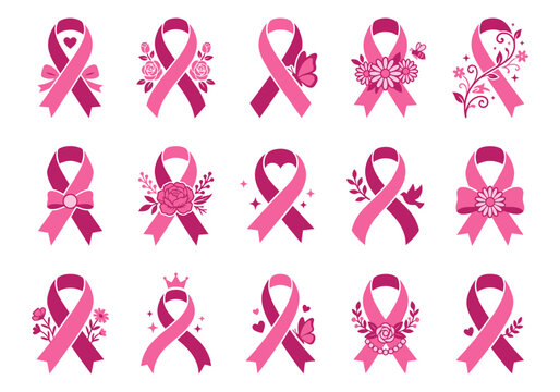 Breast Cancer Awareness Ribbon Vector Set Floral Pink Ribbons Collection For Medical Design Graphics