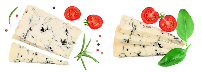 Fototapeta premium Blue cheese gorgonzola isolated on white background with full depth of field. Top view. Flat lay.