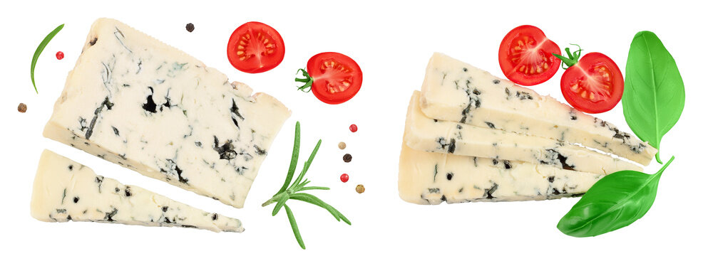 Blue cheese gorgonzola isolated on white background with full depth of field. Top view. Flat lay.