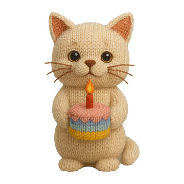 PNG Cute knitted cat holding cake.
