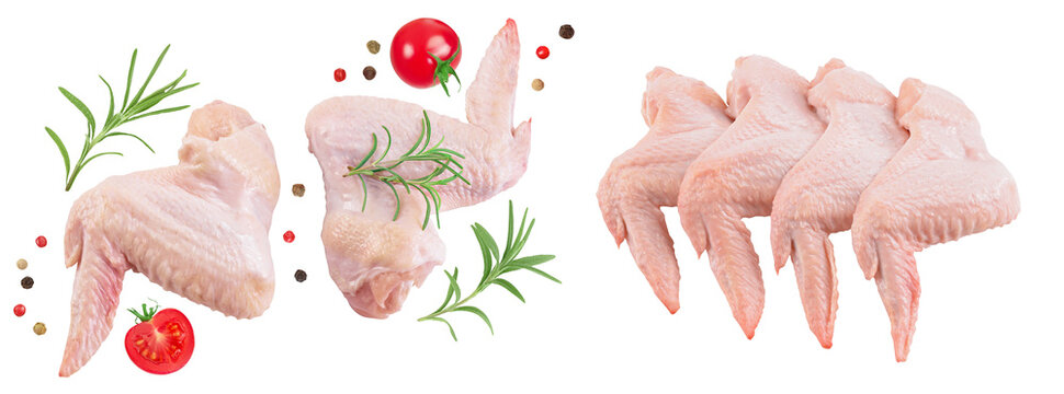 Raw chicken wings isolated on white background with full depth of field. Top view. Flat lay