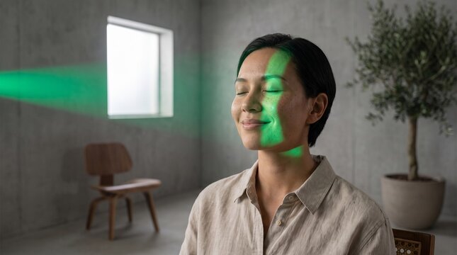 Smiling asian woman enjoying futuristic green light therapy treatment session in modern minimalist room