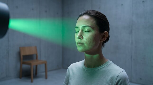 Calm young woman closing eyes during advanced green light chromotherapy treatment session in minimalist room