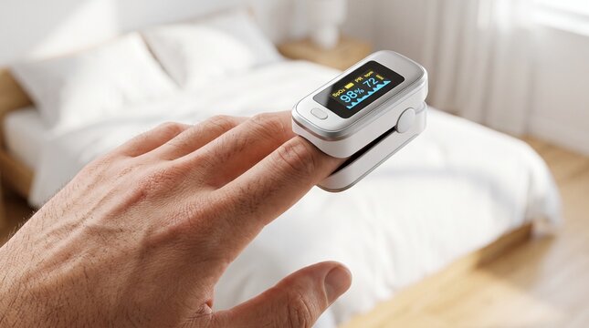 Close up of male hand using white wireless fingertip pulse oximeter device in bright minimalist bedroom