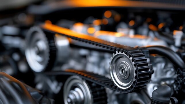 Automotive engine timing belt mechanism close up