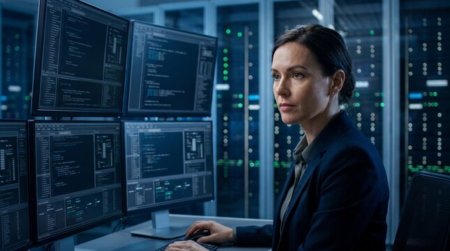 Professional female security analyst typing code on keyboard while monitoring servers in dark control room