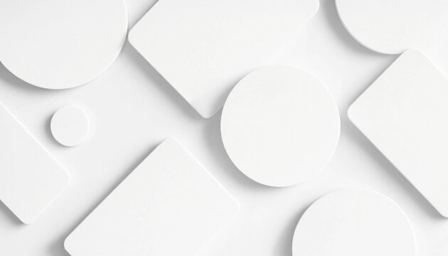 Minimalist Geometric Abstraction: A clean, bright composition of overlapping white geometric shapes, including circles and rounded squares, creates a sense of depth and modern design.