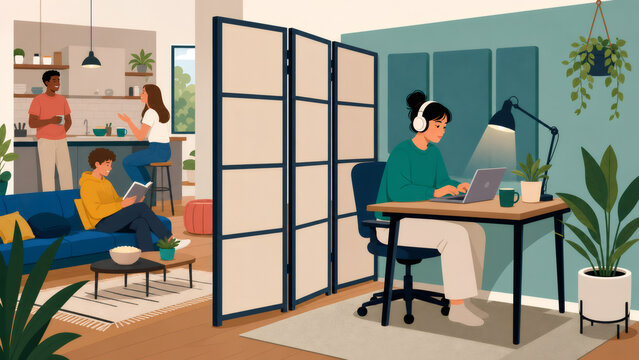 Woman working remotely at home with headphones in a shared apartment creating a quiet focus area