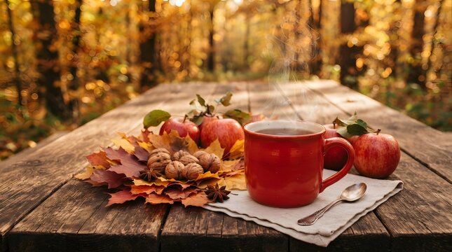 Cozy autumn scene with a steaming red mug of hot drink, fresh apples, walnuts, and colorful fallen leaves on a rustic wooden table in a forest