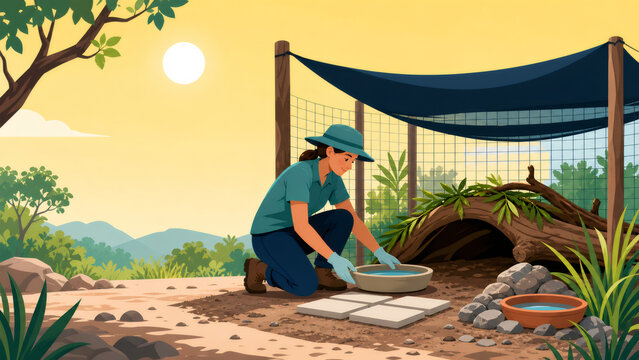 Wildlife rehabilitator preparing natural recovery enclosure, placing water and shelter for animal care