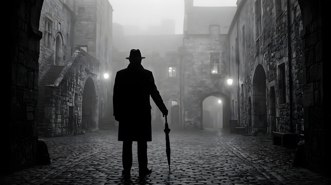 Silhouette of a Man with Umbrella in Historic Foggy Alley