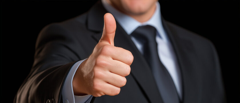 Successful Business Gesture: A sharply dressed businessman offers a resounding thumbs-up, signaling approval and confidence in a professional setting against a dark, stark background.