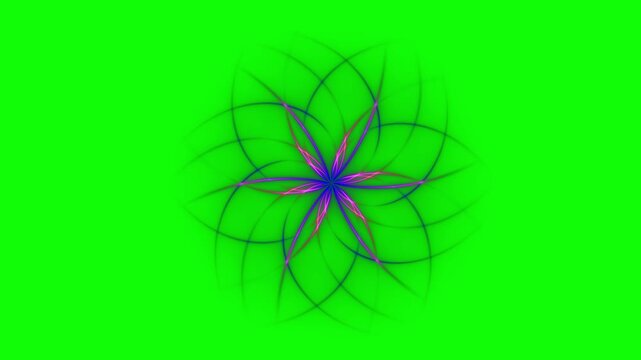 Symmetrical glowing neon flower pattern spins on a green screen in a 3D animation overlay for party video keying