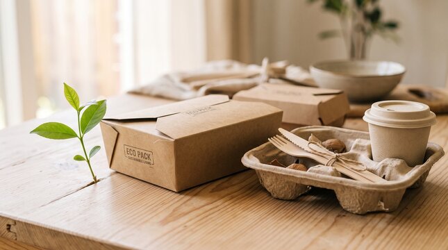 Eco friendly food packaging with wooden cutlery and coffee cup on a wooden table.