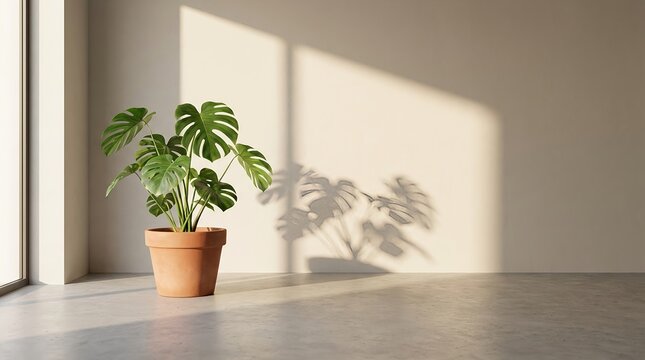 Minimalist Room Interior with Monstera Plant and Sunlight Shadow