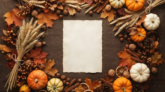 Autumn harvest background with pumpkins, wheat, nuts, and leaves surrounding a blank parchment paper