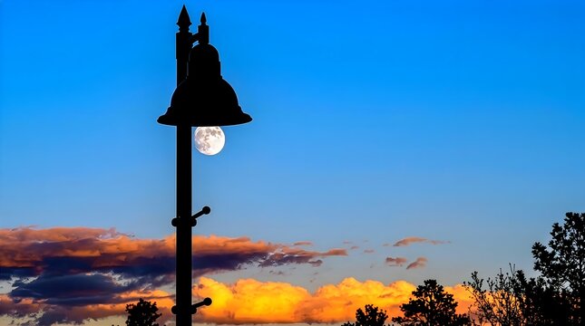 Creative perspective photo of full moon positioned under a street lamp silhouette acting as a light bulb against a colorful blue and orange dusk twilight sky.