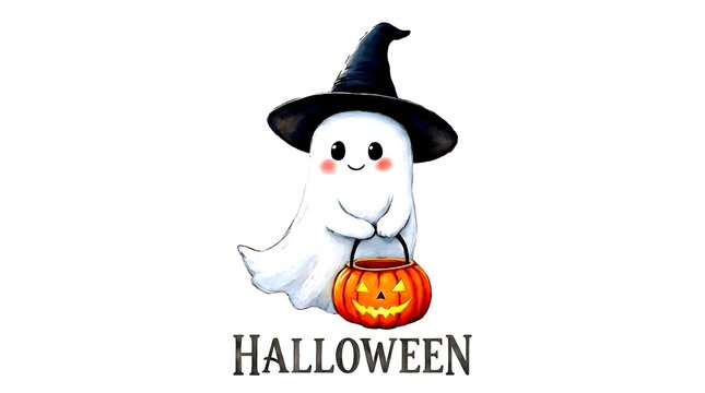 Cute Halloween ghost cartoon wearing a black witch hat holding a jack-o-lantern pumpkin candy bucket with Halloween text isolated on a clean white background.