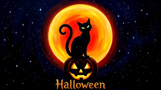 Spooky Halloween illustration featuring a black cat with glowing green eyes sitting on a carved jack-o-lantern pumpkin against a bright full moon and starry night sky backdrop.
