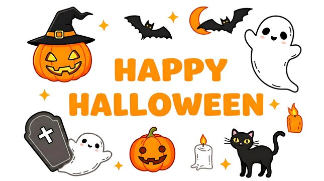 Happy Halloween cute vector banner featuring jack-o-lantern pumpkins, friendly ghosts, witch hat, black cat, bats, candle, and tombstone elements on a isolated white background.