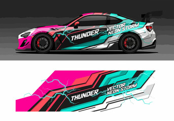 Fototapeta premium Colorful sports car with neon storm vector design wrap
