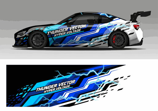 Blue lightning car wrap design with thunder vector text