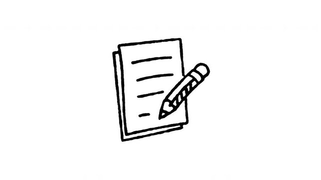 4K hand drawn paper with pencil writing pop-up icon featuring boiling line animation. Frame by frame line art on black and green screen backgrounds for drafting note, contract signing, article write.