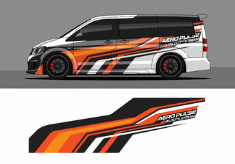 Naklejka premium Dynamic racing van with vibrant orange and black decals