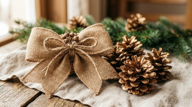 Eco-friendly Christmas decorations including fir cones and jute burlap elements.