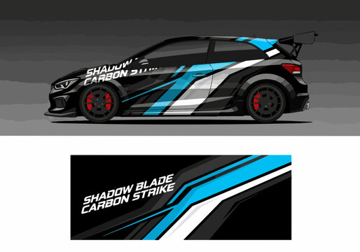 Black and blue sports car with racing decals and spoiler