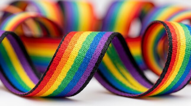Abstract background featuring curled rainbow striped ribbon in close-up.