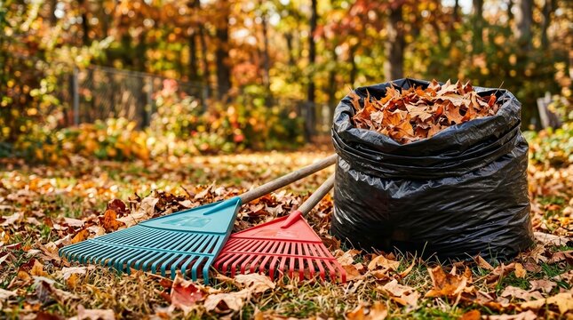 Cleaning service equipment featuring rakes and a bag of autumn fallen leaves.