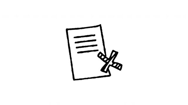 4K hand drawn rejected document pop-up icon featuring boiling line animation. Frame by frame line art on black and green screen backgrounds for declined paper, error file, cross mark decline.
