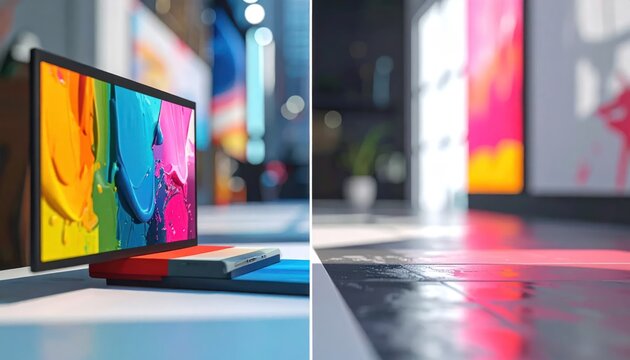 Vibrant abstract digital art displayed on a modern screen, showcasing thick paint strokes of rainbow colors, set against a gallery or modern interior background.