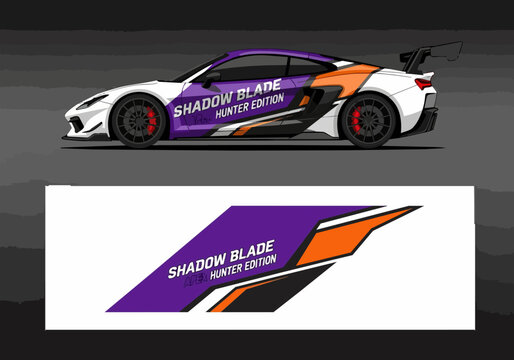 Purple and orange sports car with racing decals and spoiler