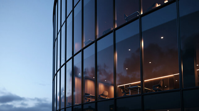 Modern Office Building Glass Facade Illuminated at Dusk