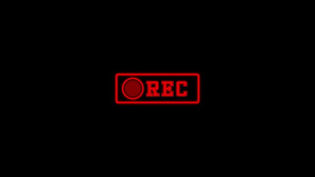 REC symbol indicating active recording in progress, red illuminated recording button glowing.4k video