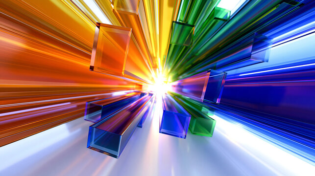 Abstract Colorful 3D Geometric Prisms Bursting with Speed and Light