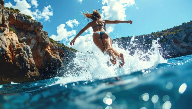Woman Jumps into Crystal Clear Ocean Water from Rocky Cliff During Summer Vacation
