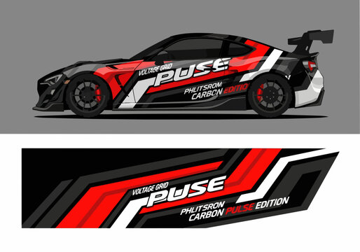 Red and black sports car with racing decals and spoiler