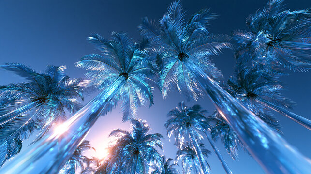 Futuristic Glass Palm Trees Against Blue Sky Low Angle