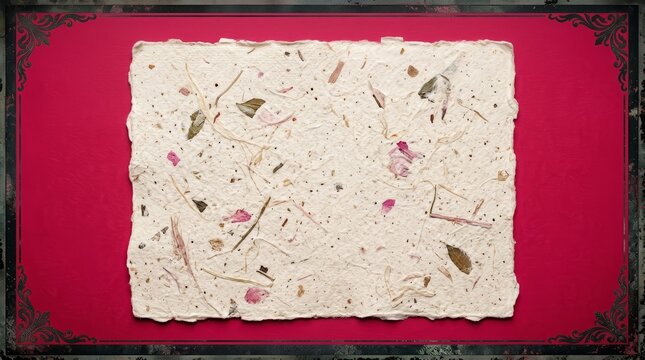 A patterned frame surrounding organic paper with ample copy space and Viva Magenta tones.