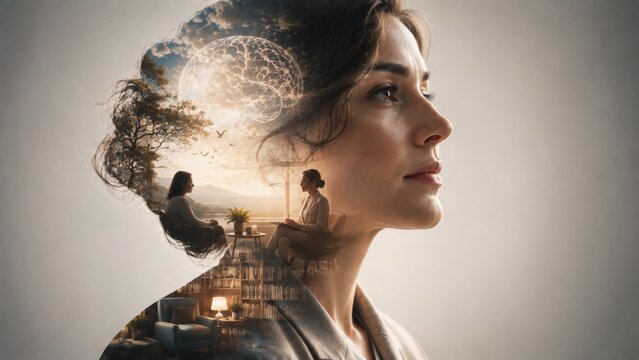 Adult woman profile showing glowing brain and therapy scene inside a creative portrait.