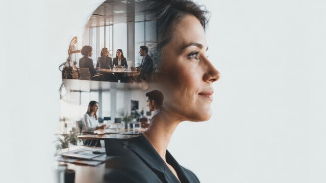 A thoughtful businesswoman profile with a creative double exposure effect showing an office meeting.