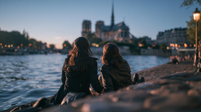 Two Friends Sitting by Seine River in Paris at Sunset
