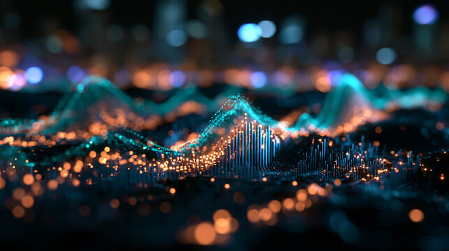Abstract Digital Data Visualization with Glowing Waveforms and Particles