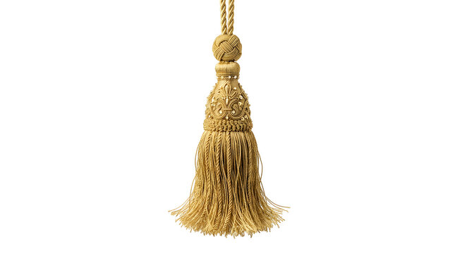 Golden tassel with fringe detail on transparent background