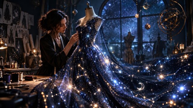 A woman working on a celestial dress while sewing inside a dark creative atelier at night.